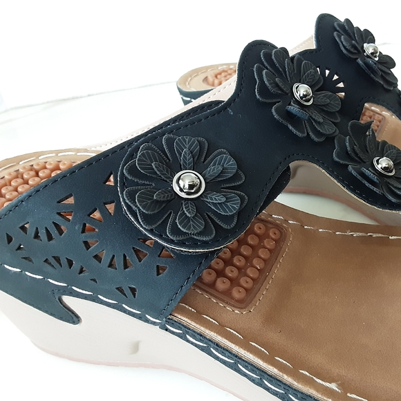 FUDYNMALC Black Floral Studded Compy Orthopedic Arch Support Thong Wedge Sz 10.5 - Picture 9 of 11